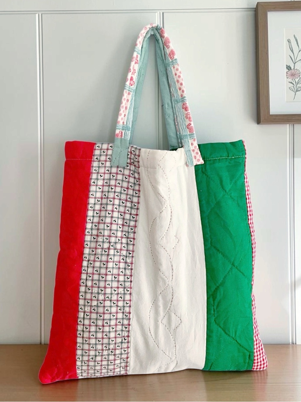 Upcycled Handmade Colorblock Quilted Tote Bag Double Straps